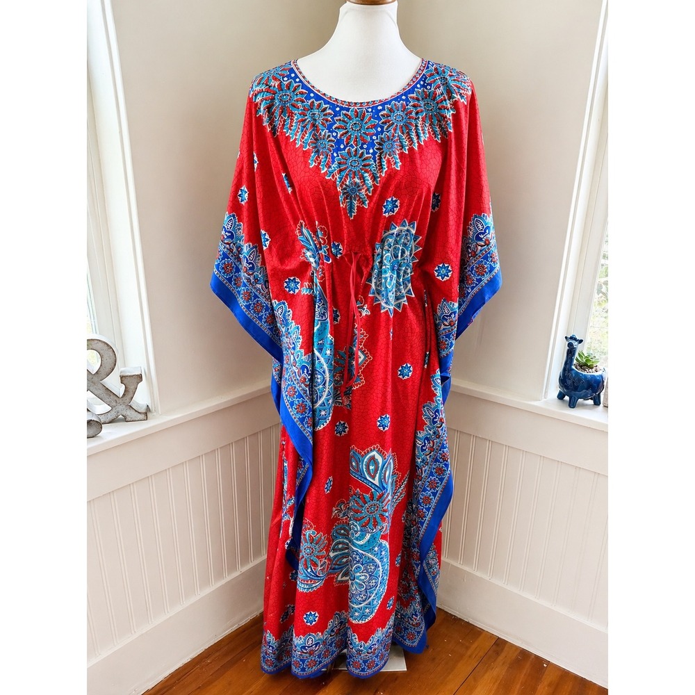 Nf Red Paisley Kaftan Maxi Dress Drawstring Resortwear Free Size
